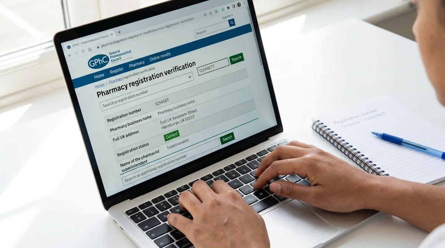 Computer screen displaying GPhC online pharmacy register search results with registration verification details while user cross-checks registration number from notepad