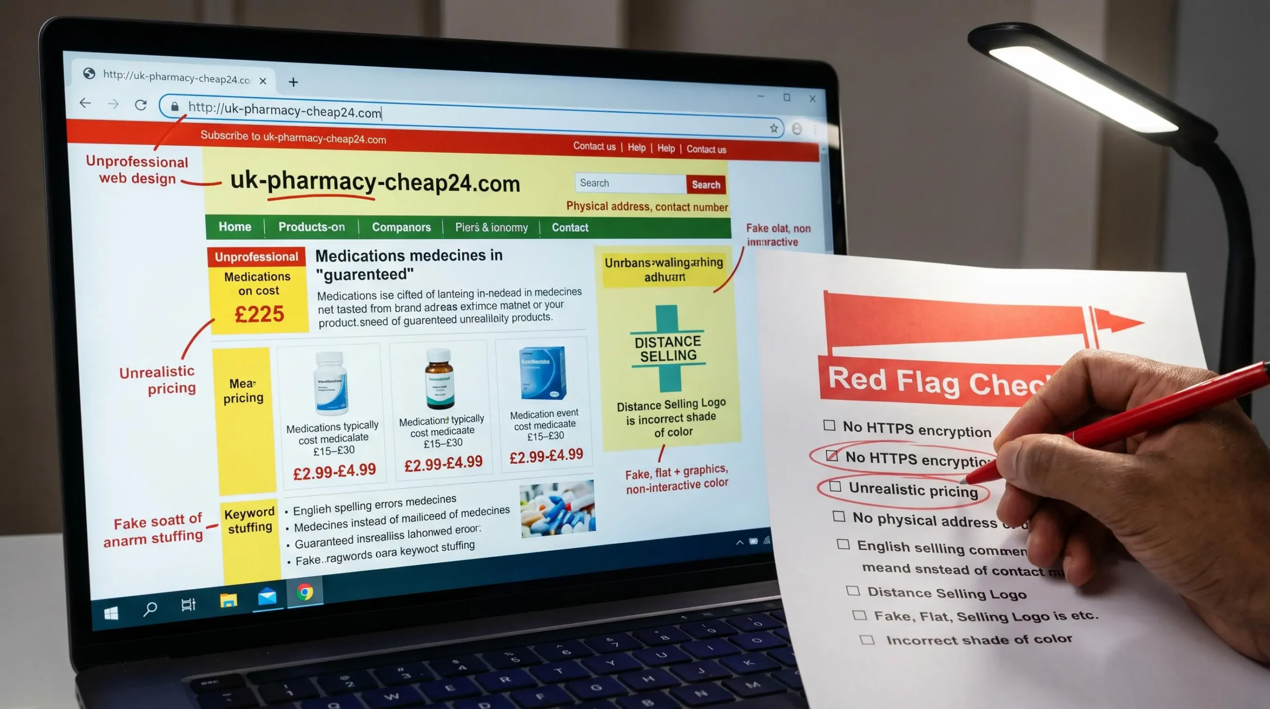 Laptop screen showing fraudulent pharmacy website example with red flag characteristics including spelling errors, missing HTTPS encryption, unrealistic pricing, and fake certification logo, with hand circling warning signs on printed checklist