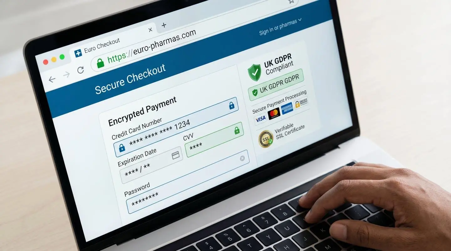 Browser address bar displaying HTTPS padlock icon for secure Euro-Pharmas pharmacy website with encrypted checkout interface showing UK GDPR compliance and secure payment processing badges